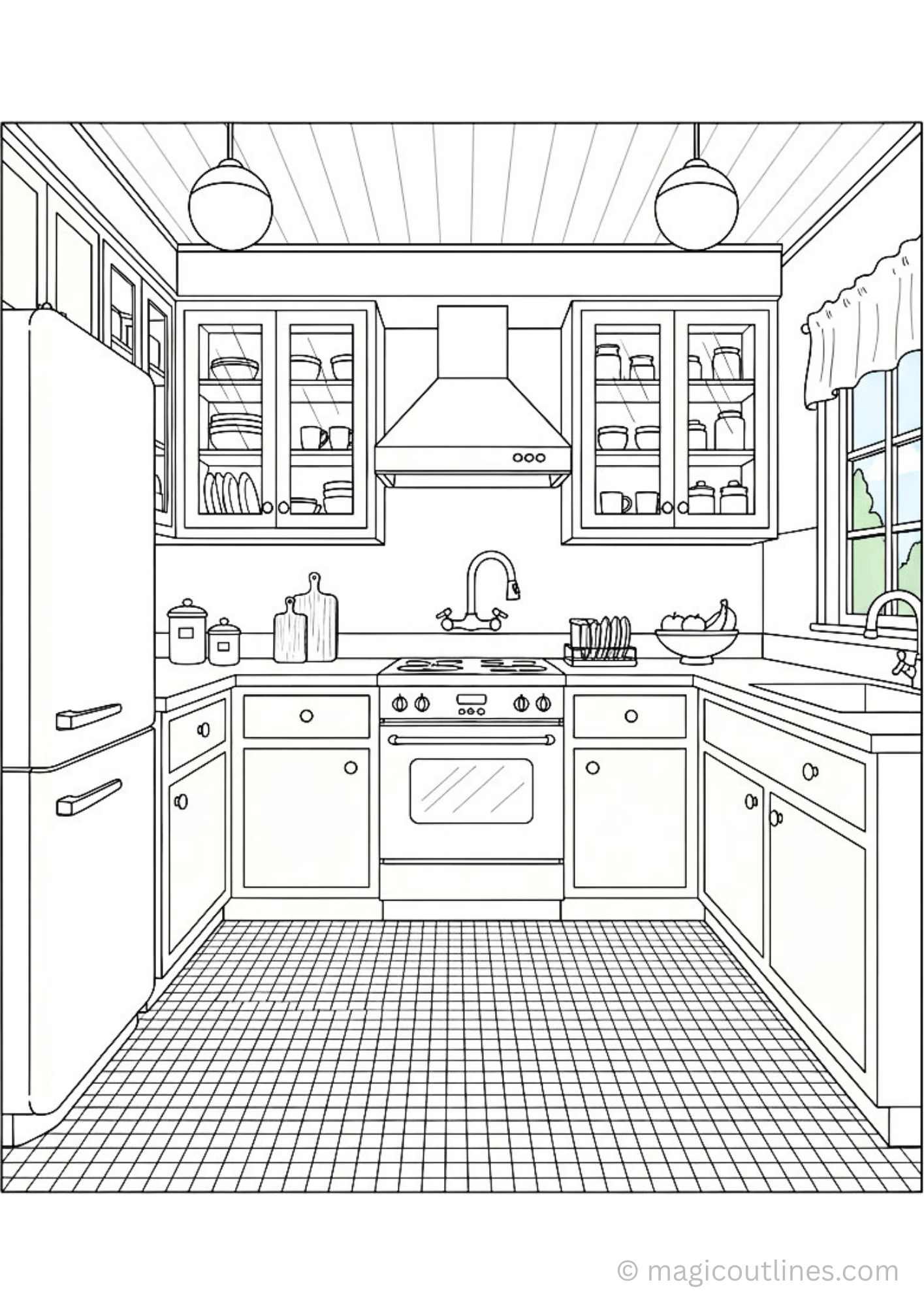 Modern U-shaped kitchen coloring page with cabinets, stove, sink and window for kids