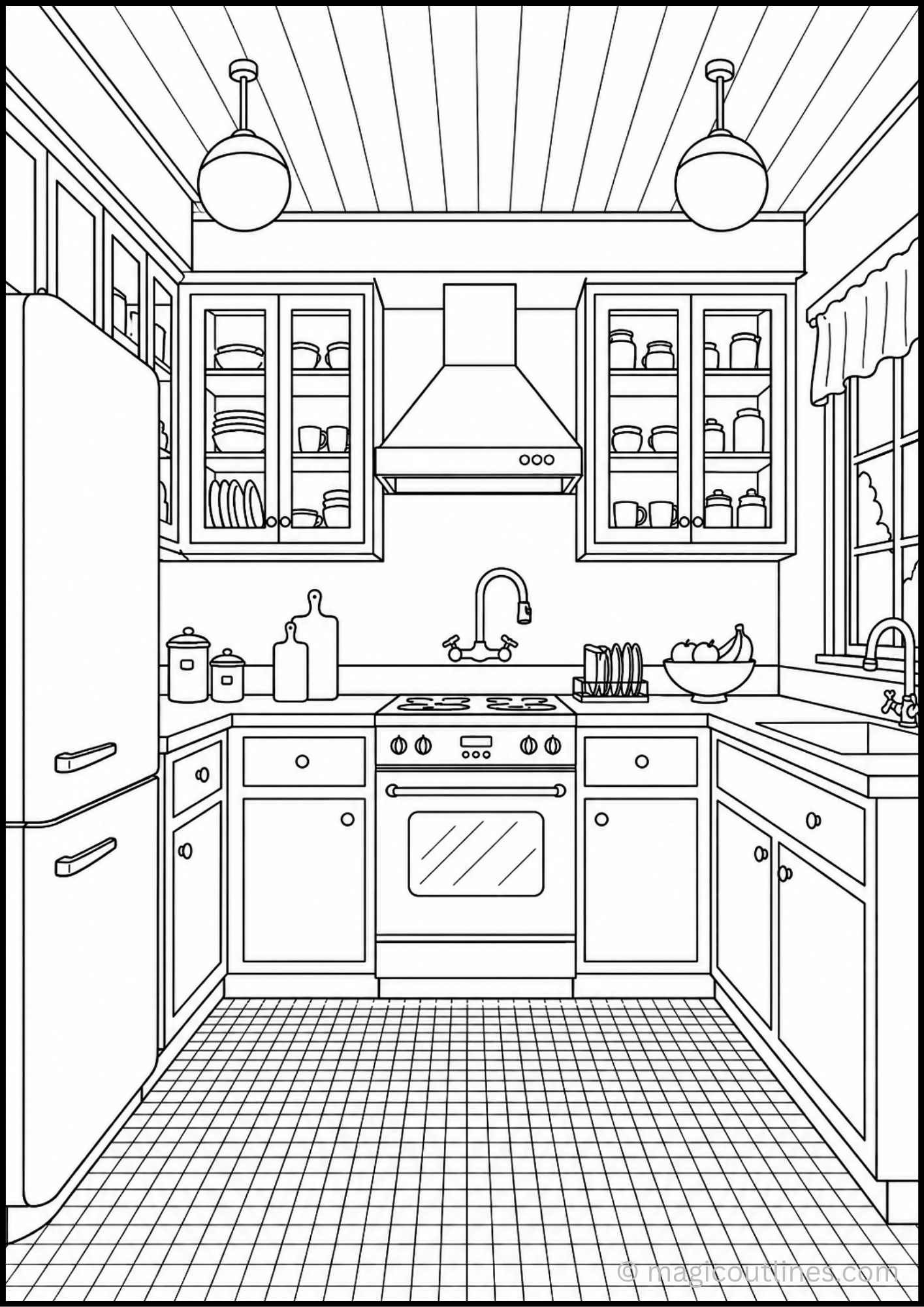 Modern U-shaped kitchen coloring page with cabinets, stove, refrigerator, sink, and dining accessories in a printable black and white line art design.
