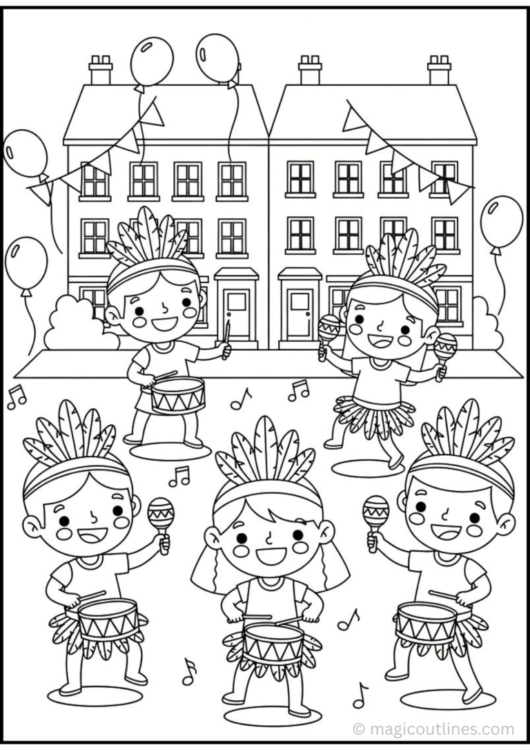 Notting Hill Carnival Coloring Page (Free Printable PDF) featuring children dancing with drums and maracas, feathered headdresses, balloons, music notes, and decorated buildings.