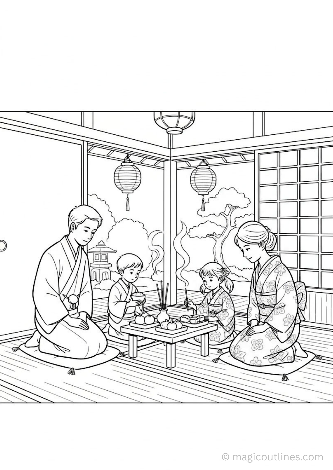 obon festival coloring page japanese family offering printable