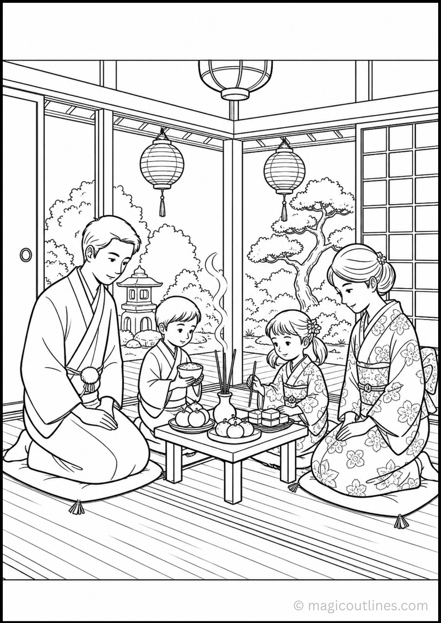 Obon Festival Coloring Page featuring a Japanese family in traditional clothing enjoying a peaceful celebration at home