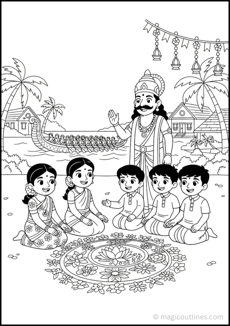 Onam Festival Coloring Page with children, Pookalam, King Mahabali, traditional boat, Kerala homes, and coconut trees
