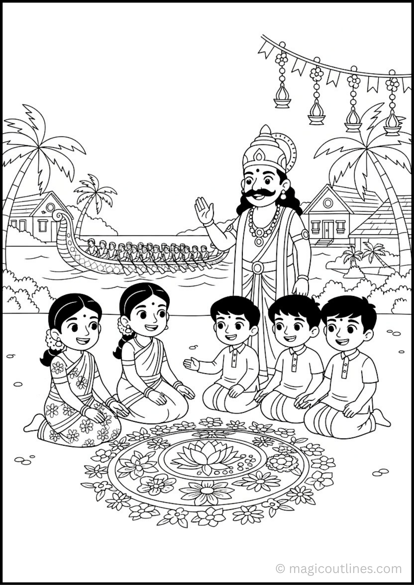 Onam Festival Coloring Page with children, Pookalam, King Mahabali, traditional boat, Kerala homes, and coconut trees