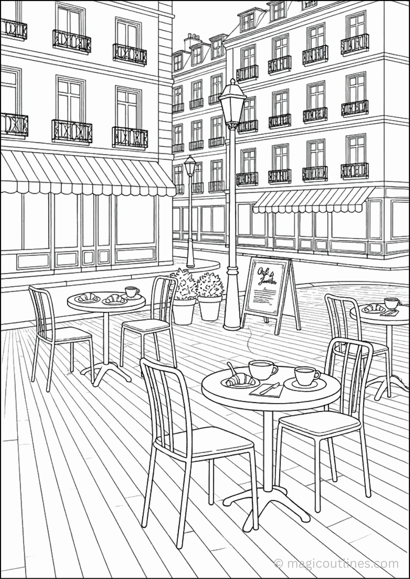 Outdoor café coloring page with tables, chairs, coffee cups and city street scene for kids