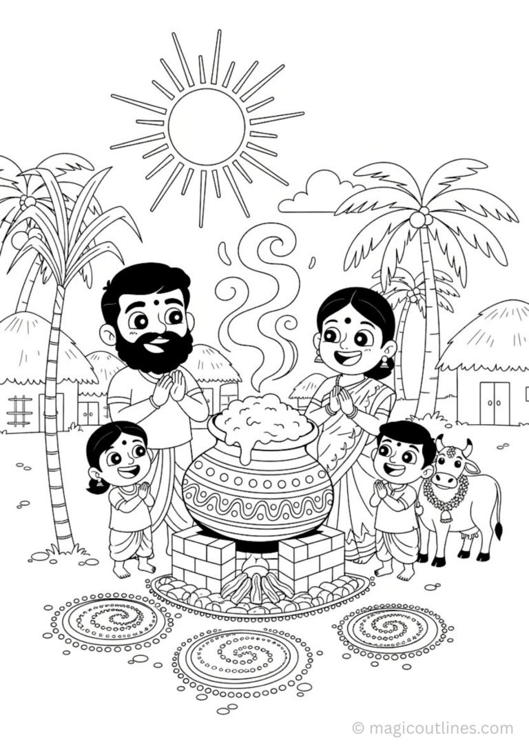 pongal coloring page pot boiling family celebration