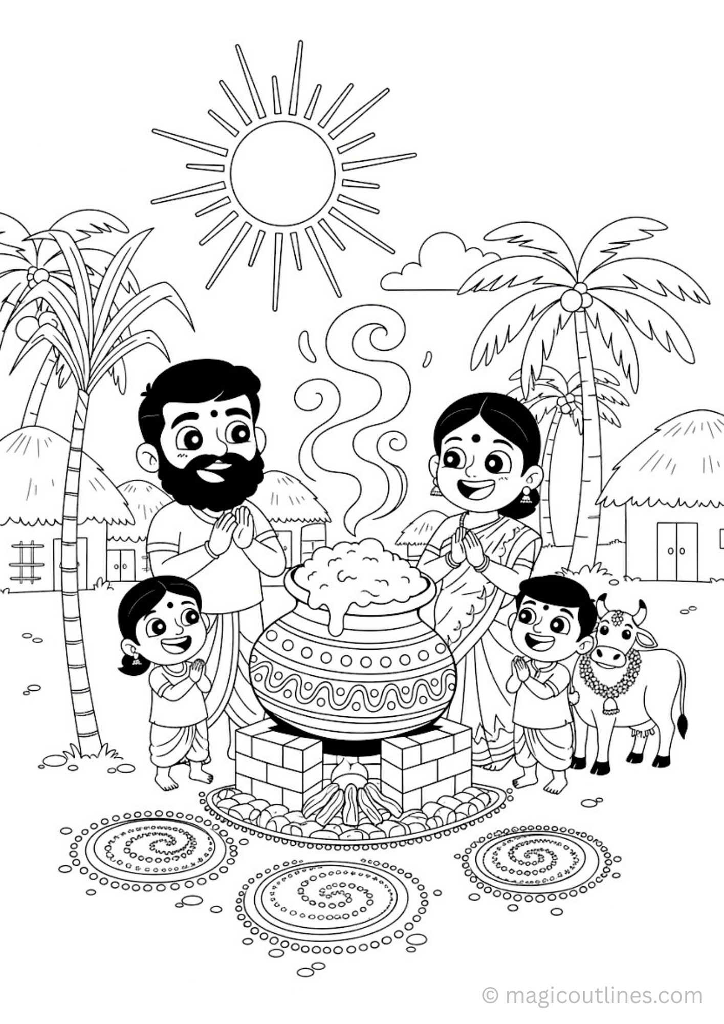 pongal coloring page pot boiling family celebration
