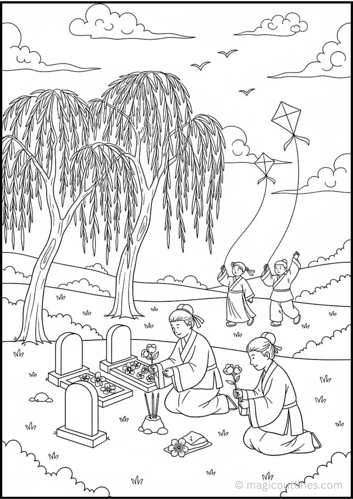Qingming Festival Coloring Page (Free Printable PDF) featuring people honoring ancestors with flowers, traditional clothing, willow trees, and children flying kites.