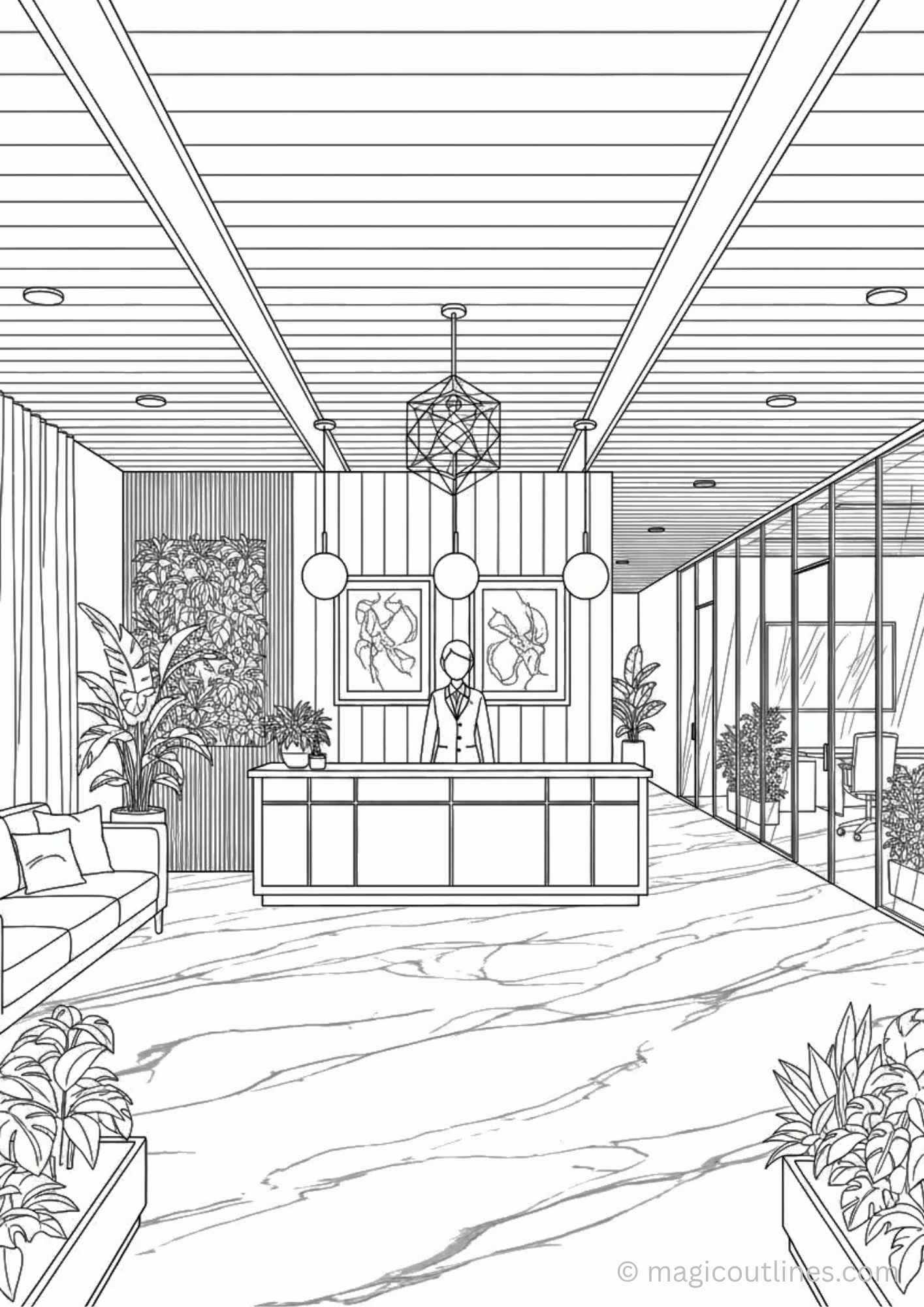reception waiting area coloring page with office desk sofa plants interior line art