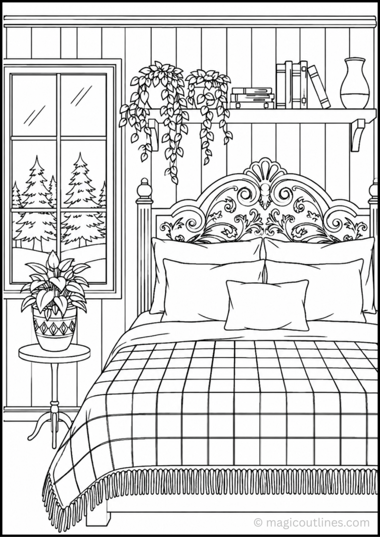 Rustic bedroom coloring page with an ornate wooden bed, cozy plaid blanket, hanging plants, window view, and shelf decor.