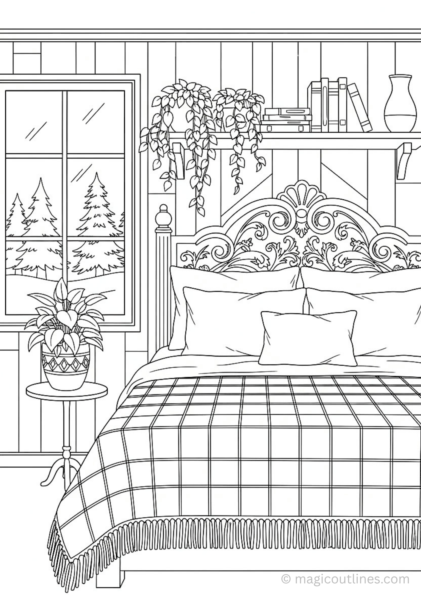 beautiful rustic bedroom coloring page with bed window plants and wooden decor