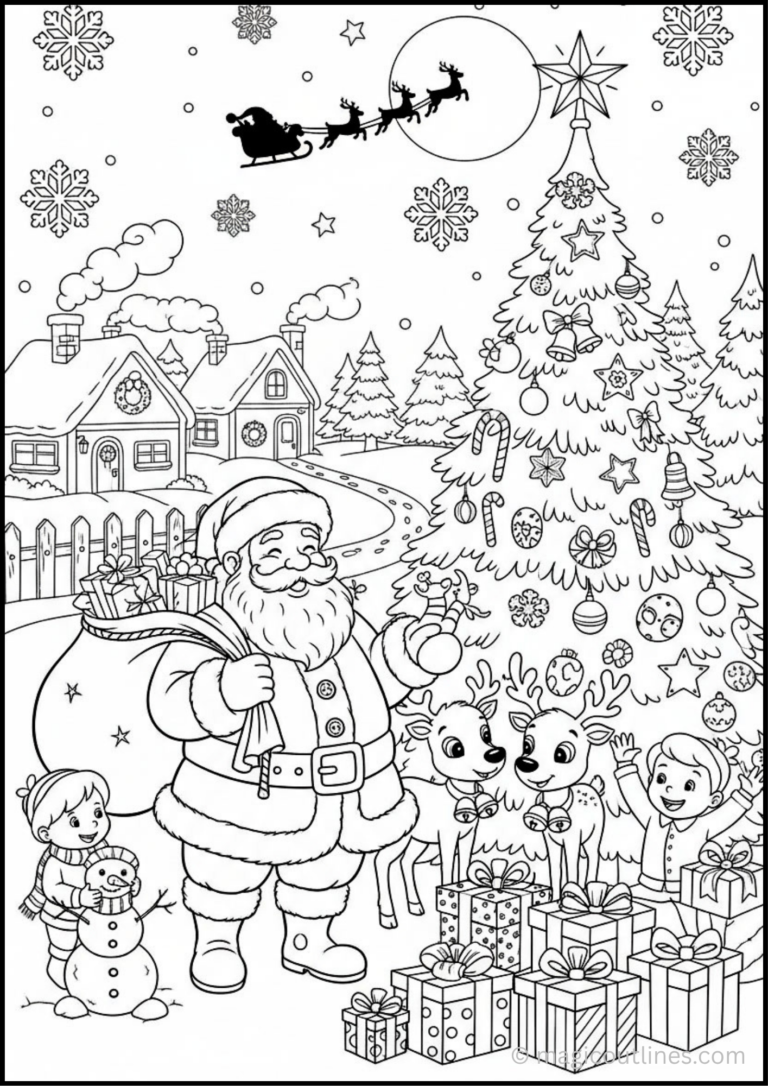 Santa Claus Christmas Coloring Page with reindeer, decorated Christmas tree, presents, snowman, children, snowy house, and sleigh