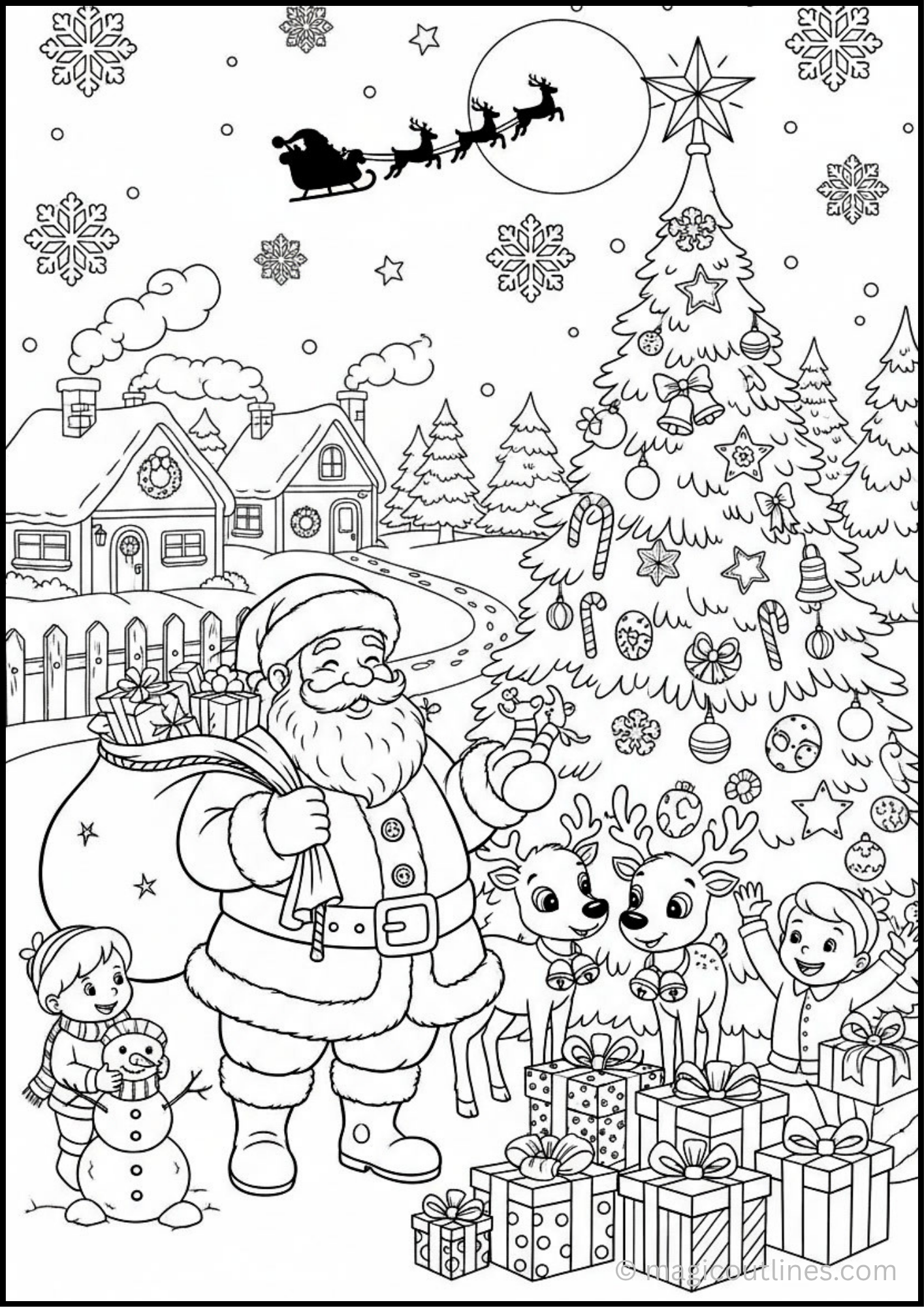 Santa Claus Christmas Coloring Page with reindeer, decorated Christmas tree, presents, snowman, children, snowy house, and sleigh