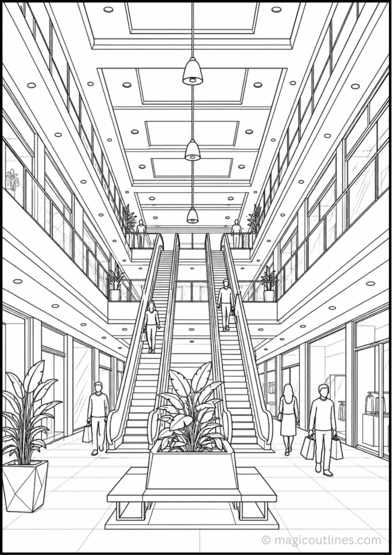 Shopping Mall Interior Coloring Page featuring escalators, shops, shoppers, modern architecture, and indoor plants.