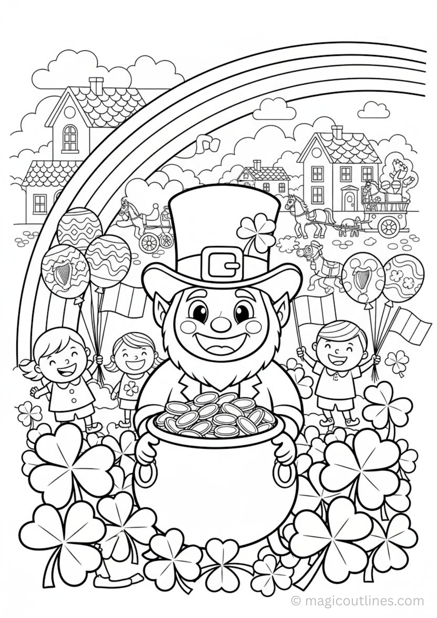 St Patrick’s Day coloring page leprechaun rainbow shamrocks kids