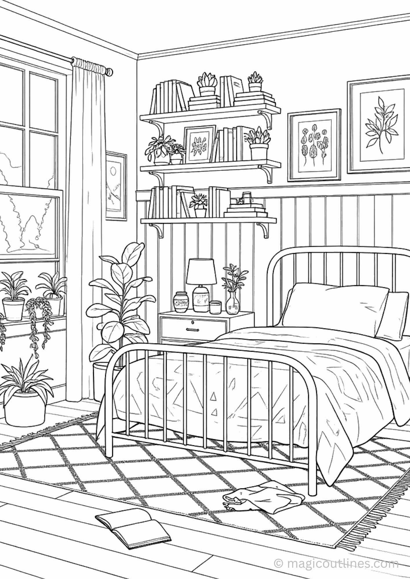 Sunlit bedroom coloring page with plants, bed, shelves and window interior for kids