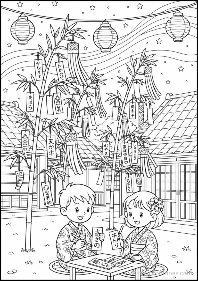 Tanabata Festival Coloring Page (Free Printable PDF) with children, bamboo wish cards, lanterns, stars, and traditional Japanese buildings