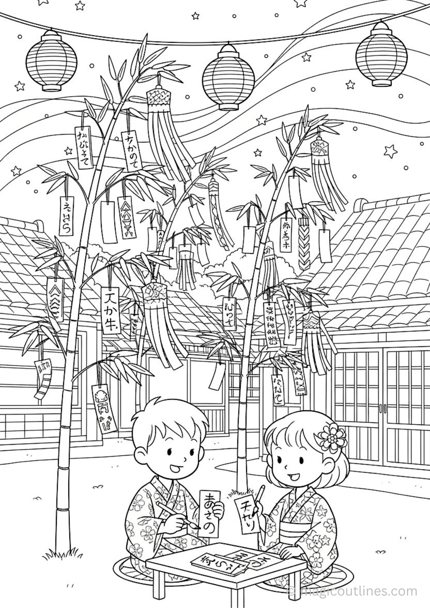 Tanabata Festival coloring page with kids in yukata writing wishes on bamboo trees with lanterns