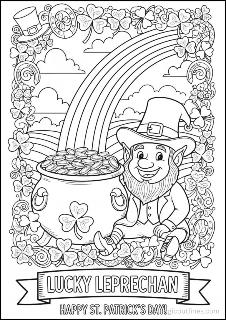 Explore festive St. Patricks Day Coloring Pages filled with lucky leprechauns, shamrocks, rainbows, magical castles, and fun parade scenes. Free printable PDF collec