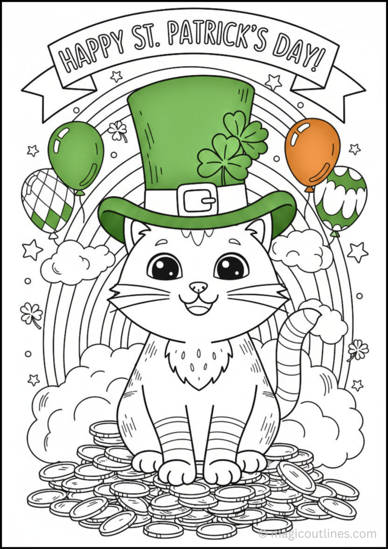 Happy Irish cat coloring page with clover hat, rainbow, balloons, and gold coins