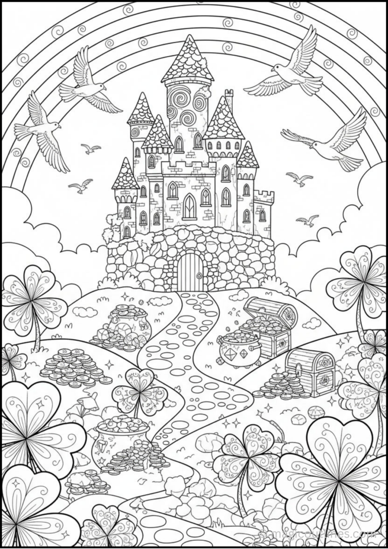 Magical Irish castle coloring page with rainbow, shamrocks, treasure chests, and flying birds