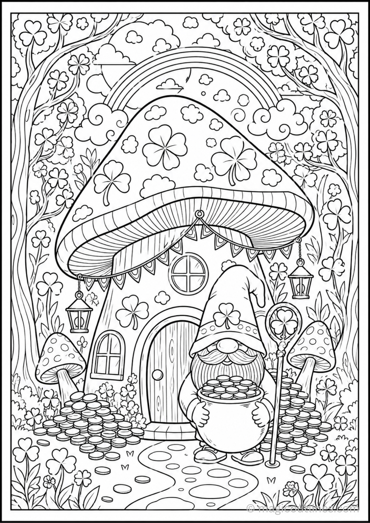 Cute St. Patrick’s Day gnome house coloring page with shamrocks, mushroom cottage, and pot of gold