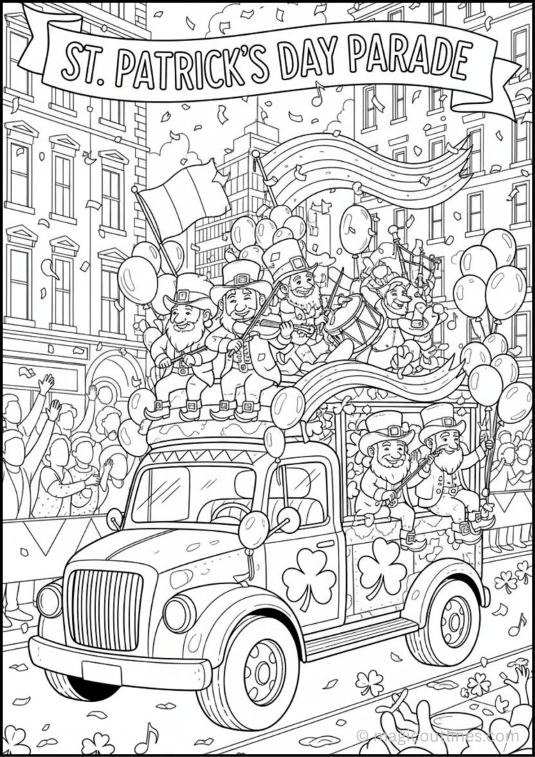 St. Patrick’s Day parade truck coloring page with leprechauns, balloons, music, and festive city parade