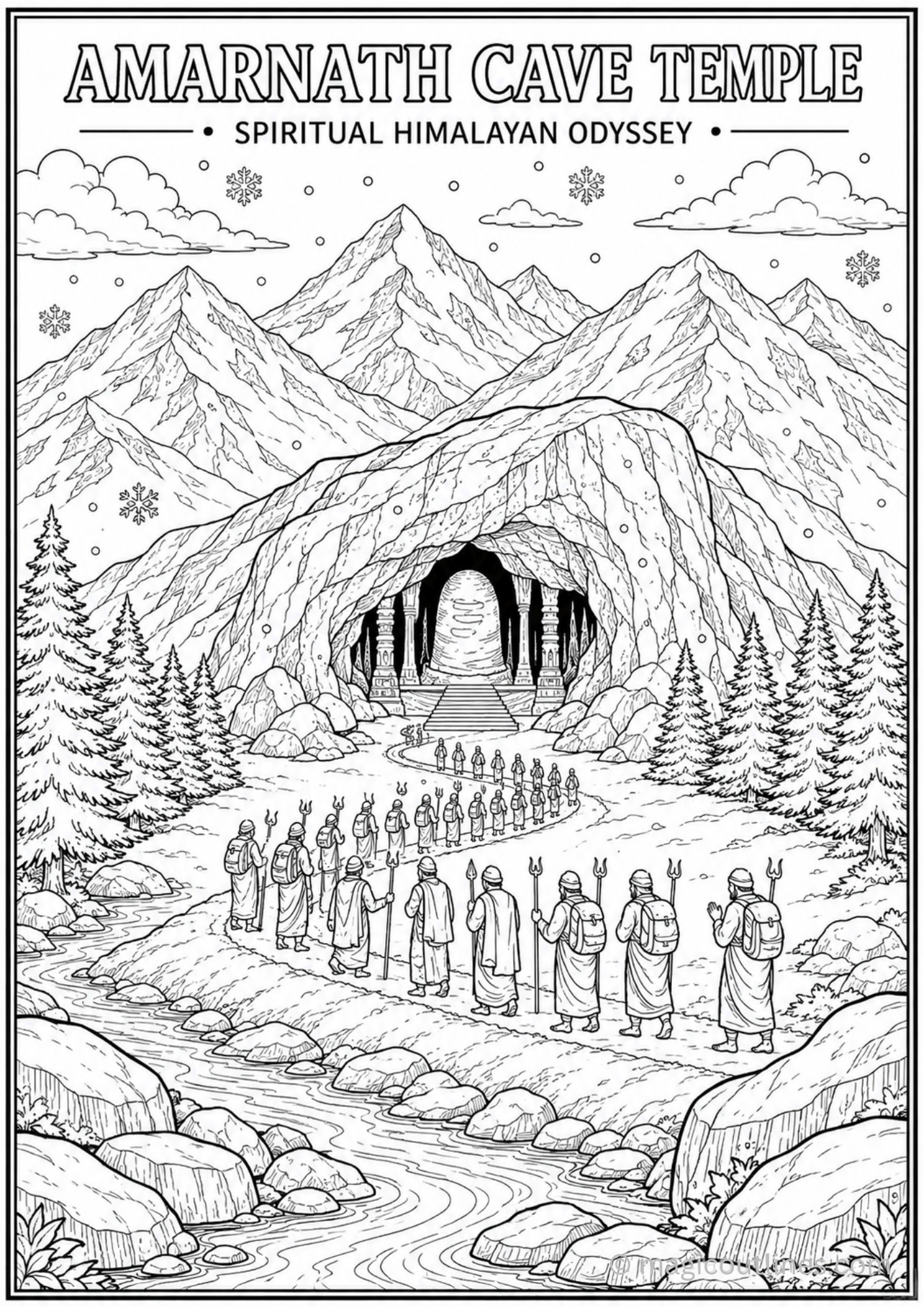 Amarnath Cave Temple coloring page with snowy mountains and pilgrims