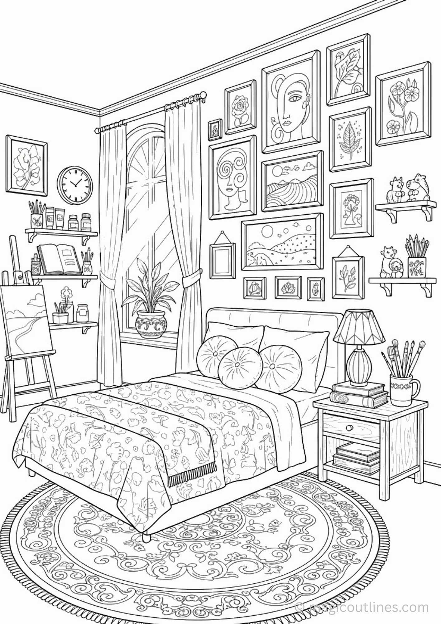 aeclectic artistic bedroom coloring page with wall art bed and decor