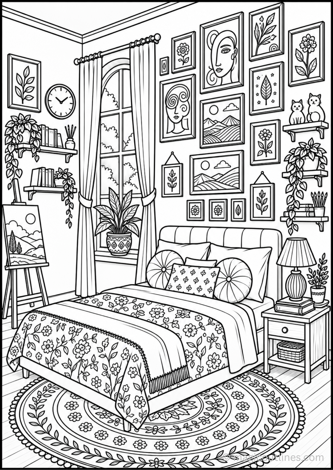 Artistic bedroom interior coloring page featuring a cozy bed, gallery wall, plants, shelves, window, lamp, easel, and decorative rug.
