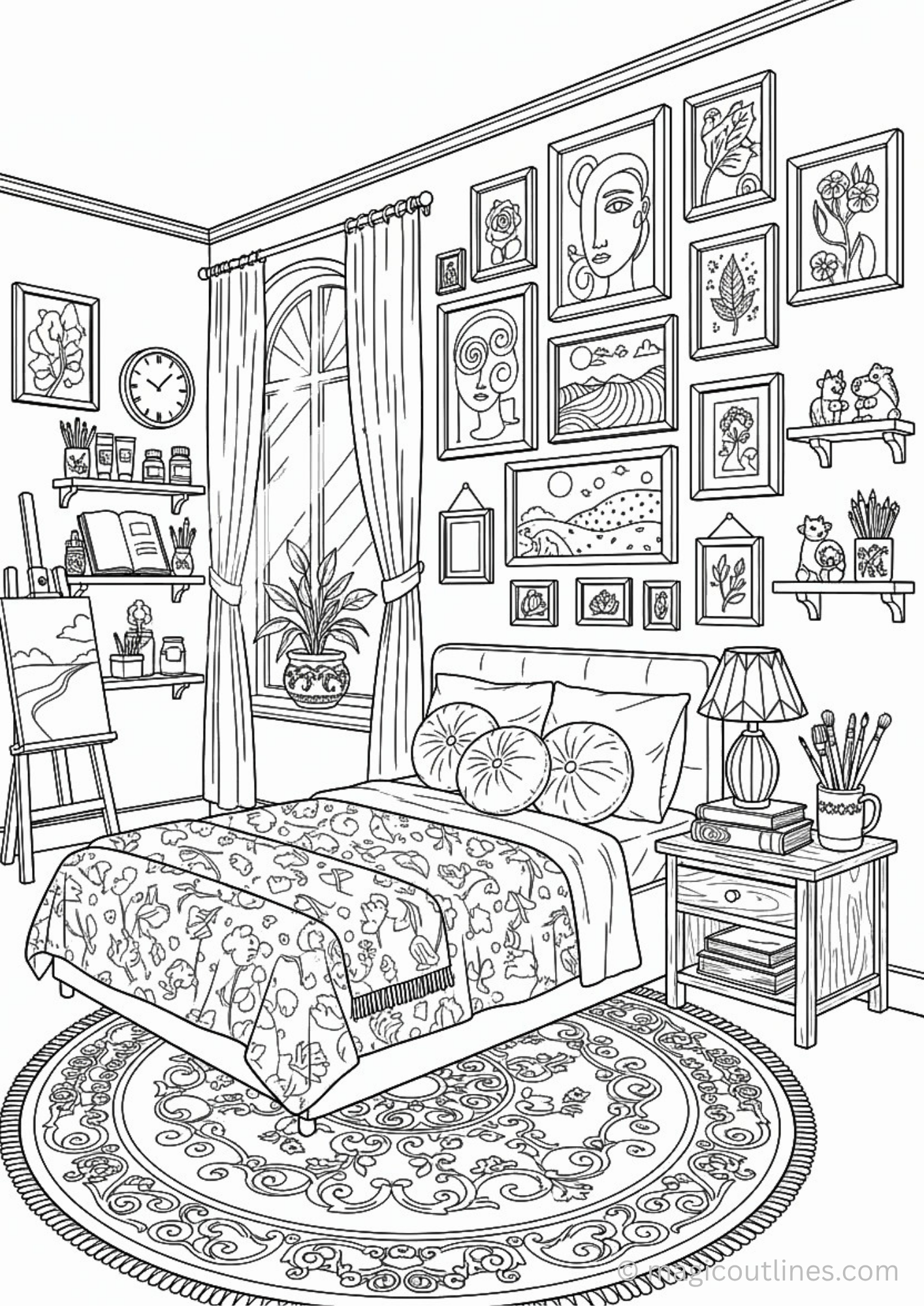 artistic bedroom interior coloring page with wall art, plants, and cozy decor for kids