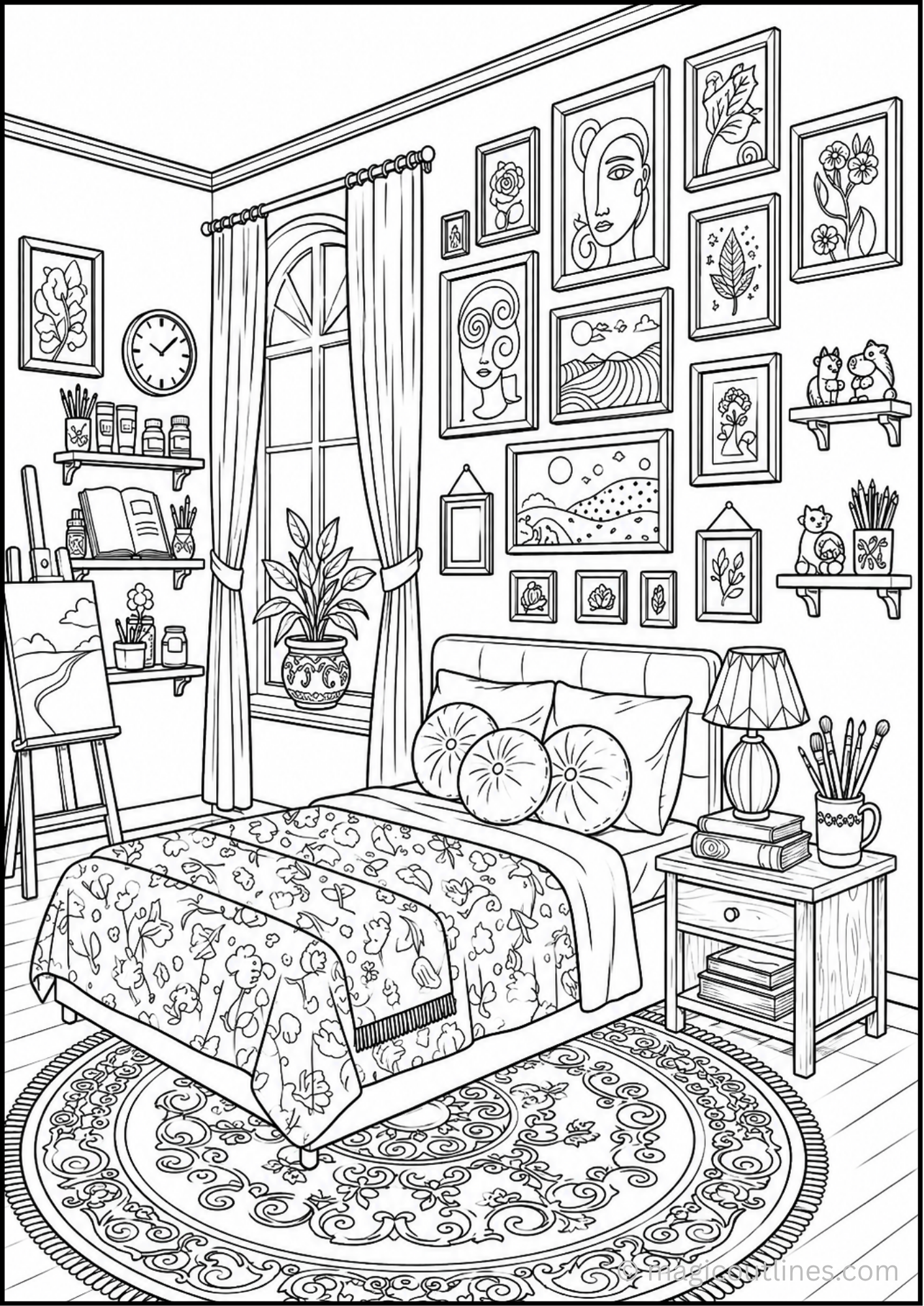 artistic bedroom interior coloring page with wall art, plants, and cozy decor for kids