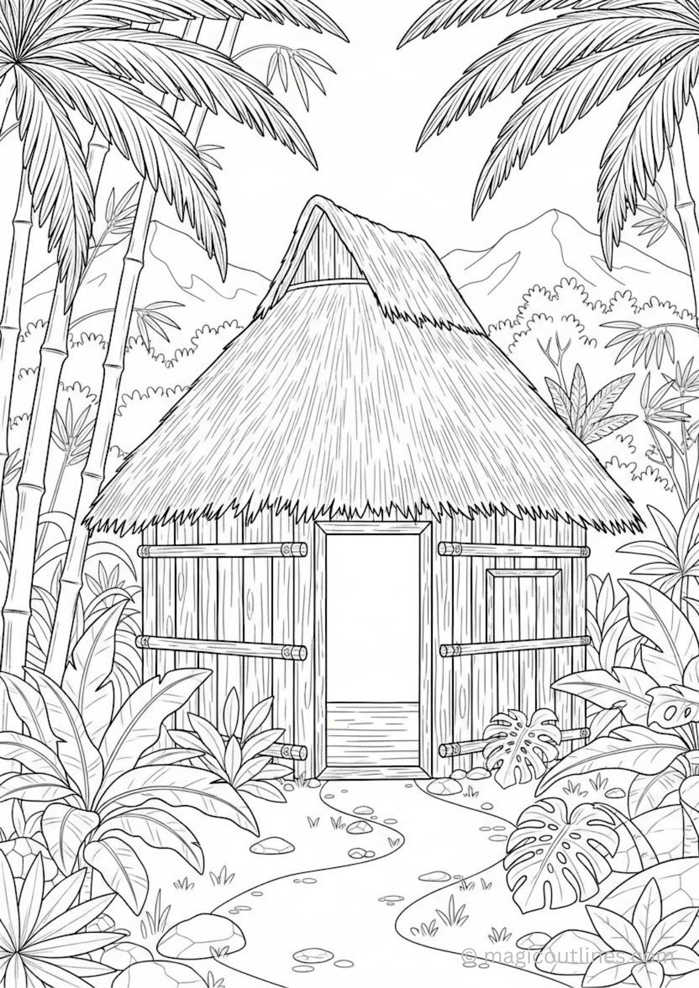 Bamboo jungle house coloring page with tropical plants, palm trees, bamboo hut, and printable line art.