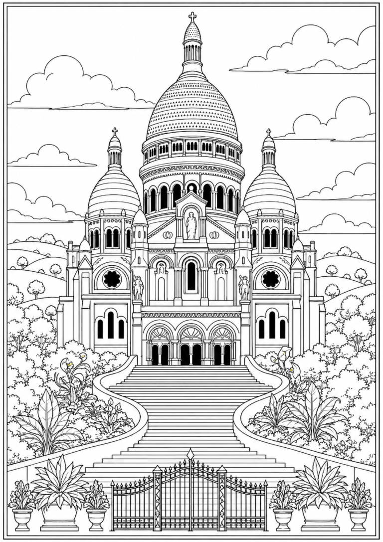 Detailed Basilica of Sacré-Cœur coloring page featuring a grand domed church, wide staircase, decorative gates, clouds, and garden plants in clean line art style.