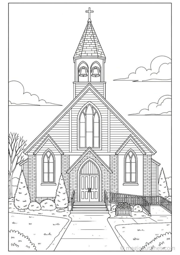 beautiful church architecture coloring page with bell tower cross arched windows and pathway