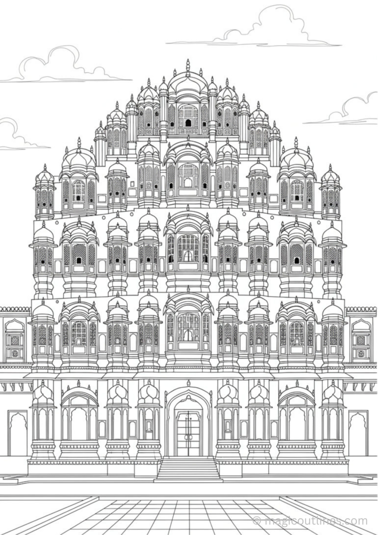 Beautiful Hawa Mahal coloring page featuring detailed Indian palace architecture with domes, arches, windows, and traditional Rajasthan design.