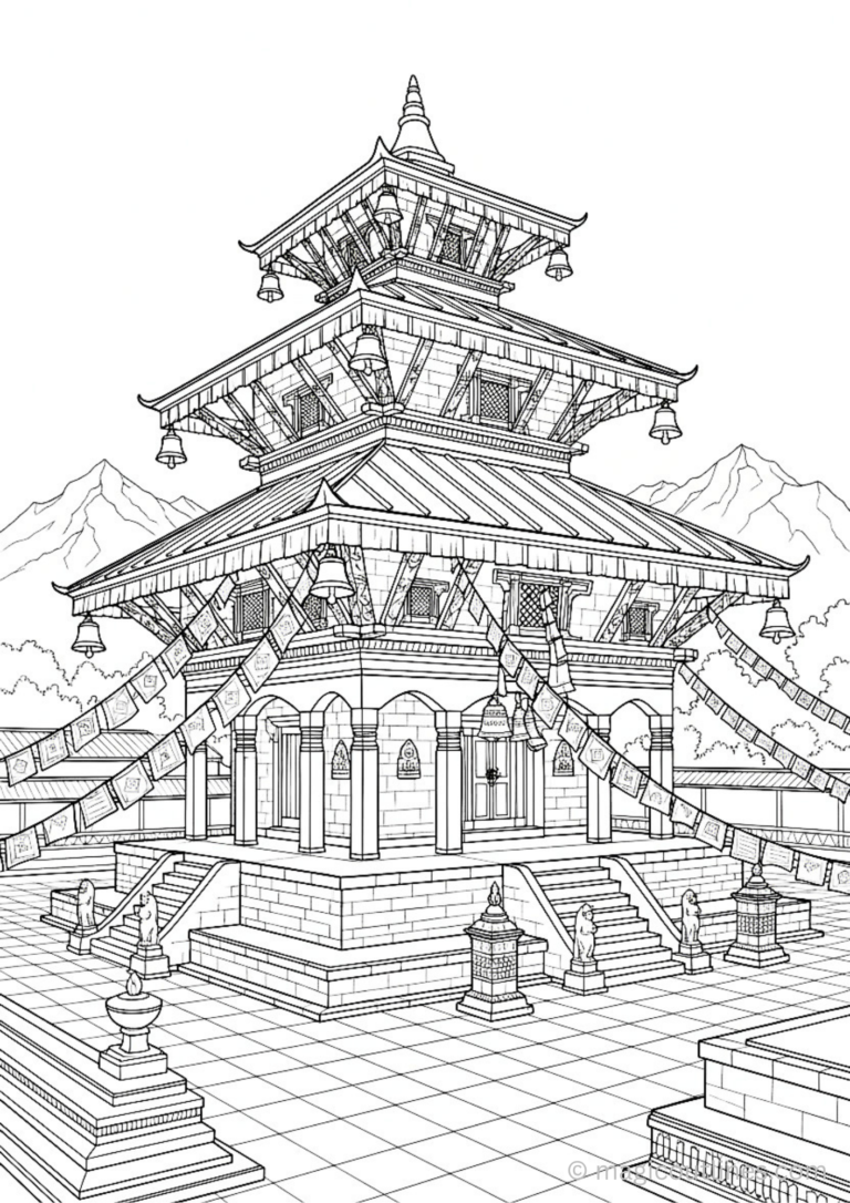 beautiful Nepal temple coloring page with prayer flags and mountains