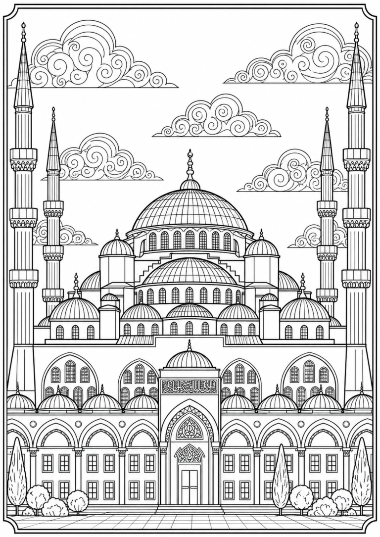 Blue Mosque Istanbul coloring page with detailed domes, tall minarets, and Islamic architecture line art