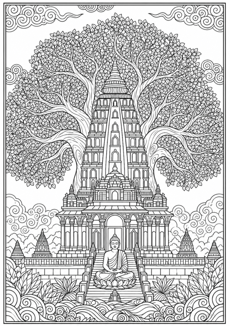 Bodh Gaya Mahabodhi Temple coloring page printable PDF with Buddha statue and sacred Bodhi tree