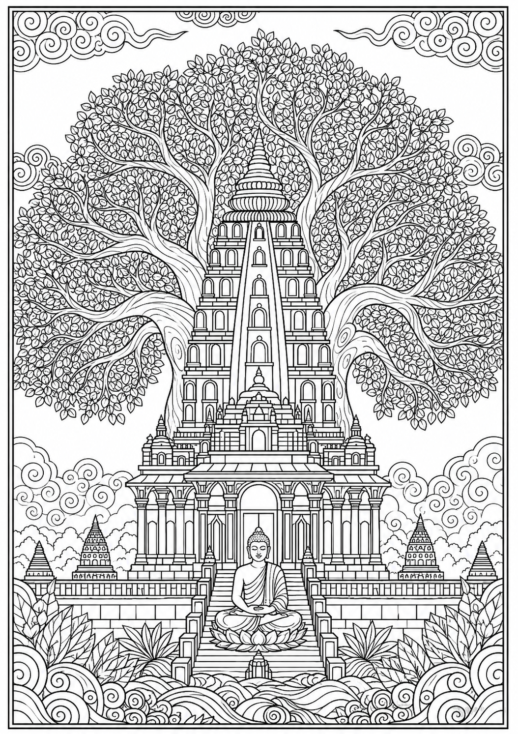 Bodh Gaya Mahabodhi Temple coloring page printable PDF with Buddha statue and sacred Bodhi tree