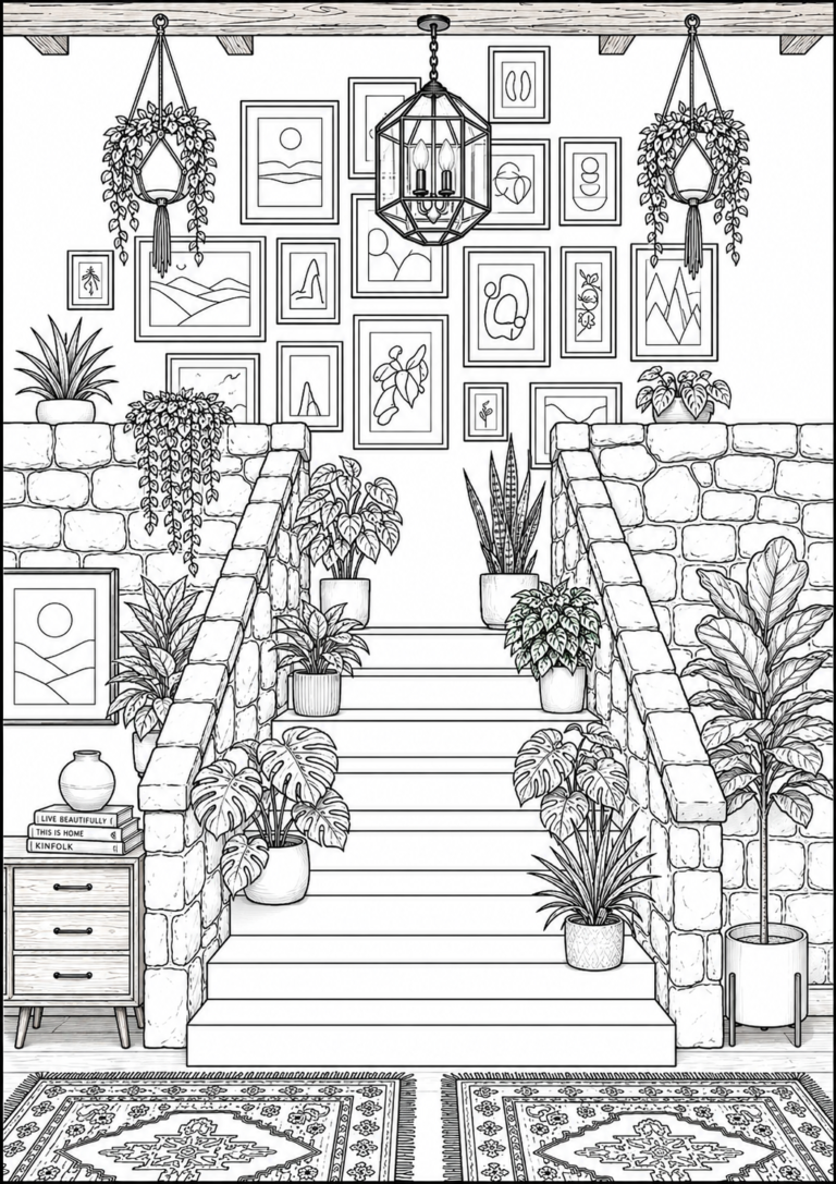 Boho botanical staircase coloring page featuring indoor plants, stone stair railings, hanging planters, framed wall art, rugs, and cozy modern home decor in detailed black-and-white line art.