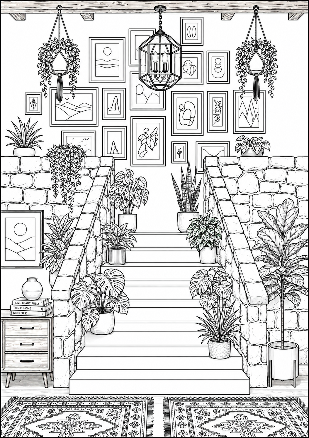 Boho botanical staircase coloring page featuring indoor plants, stone stair railings, hanging planters, framed wall art, rugs, and cozy modern home decor in detailed black-and-white line art.