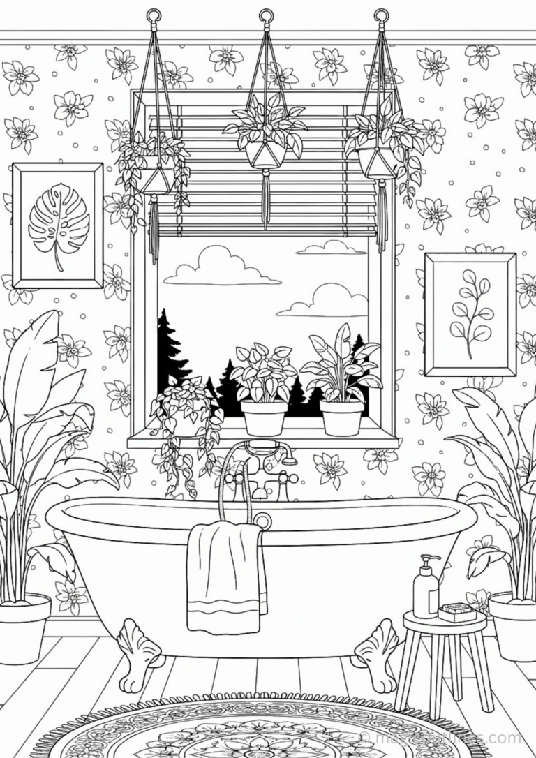 botanical bathroom coloring page with bathtub plants window view printable