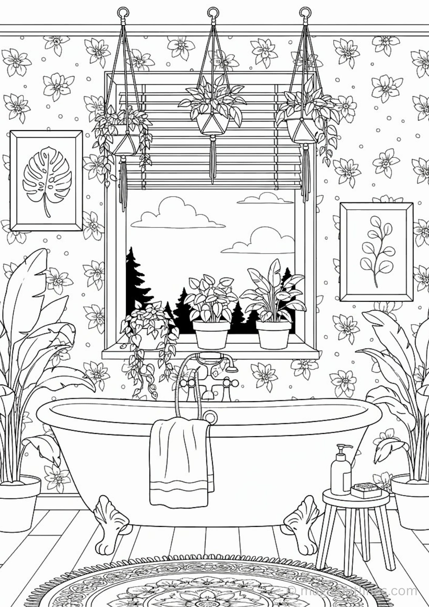 botanical bathroom coloring page with bathtub plants window view printable