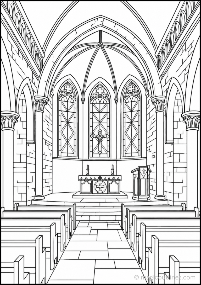 Cathedral church interior coloring page with arches, stained glass windows and pew seating