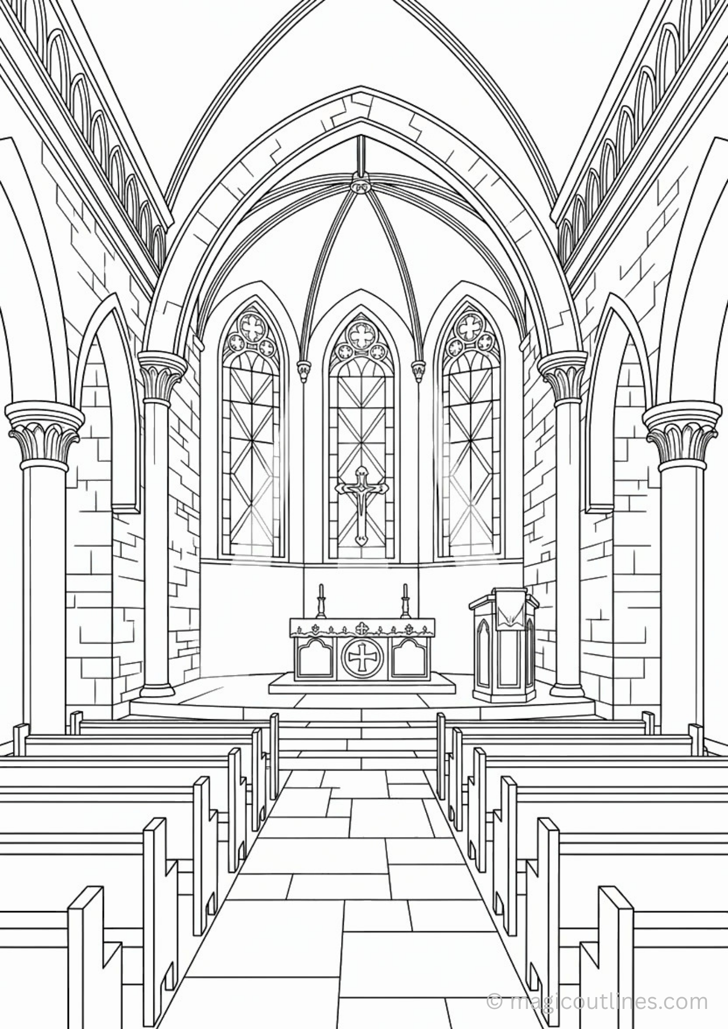 Cathedral church interior coloring page with arches, stained glass windows and pew seating