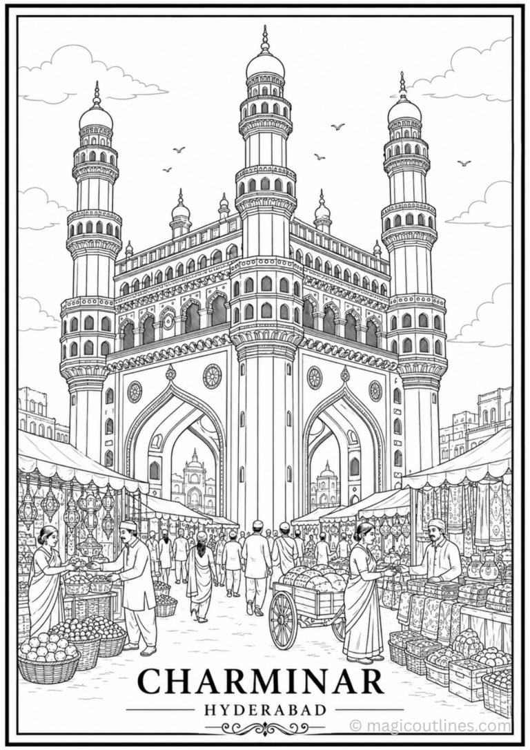 Detailed Charminar Hyderabad coloring page featuring famous Indian monument and busy traditional market scene.