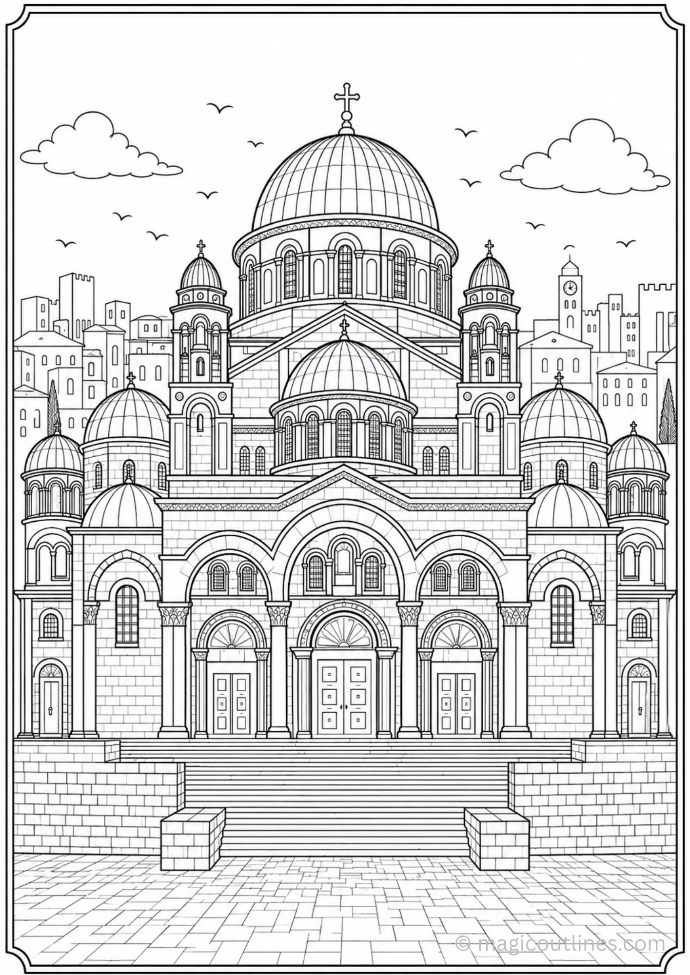 Detailed Church of the Holy Sepulchre coloring page printable for kids and adults