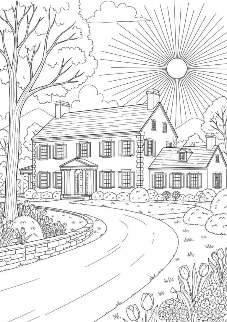 Classic colonial house coloring page featuring elegant windows, garden pathways, trees, flowers, and peaceful countryside scenery.