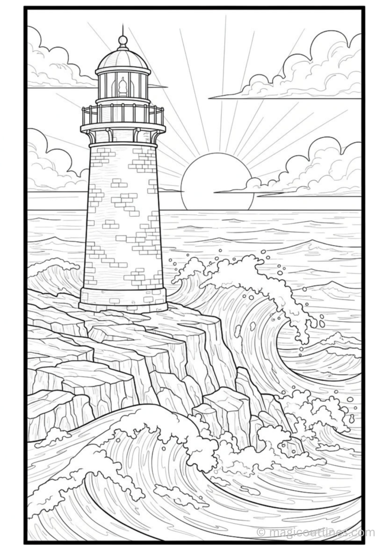 Coastal lighthouse coloring page with ocean waves, rocky cliffs, sunset sky, and detailed seaside line art.