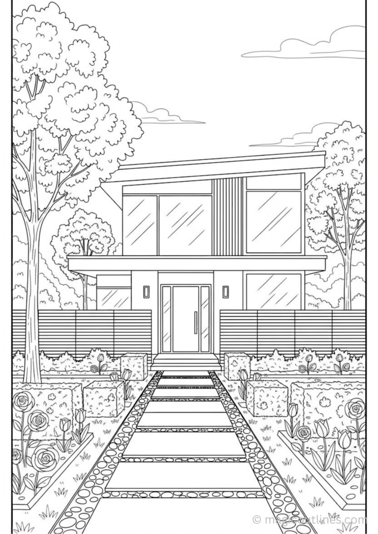 Contemporary garden house coloring page with pathway flowers and trees